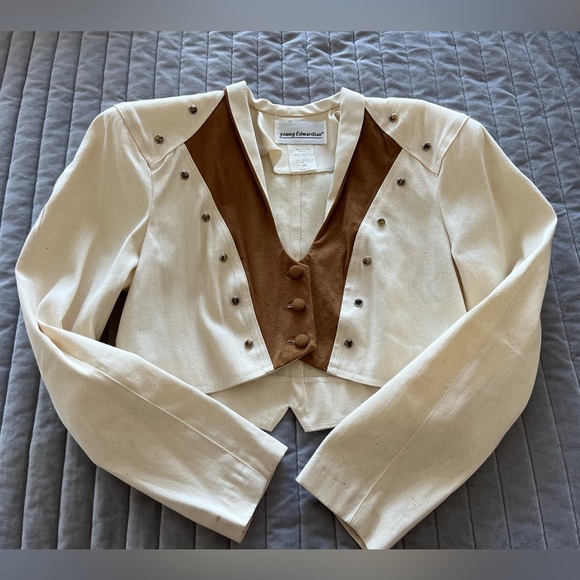 YOUNG EDWARDIAN Rare Vintage Ivory/Brown 2 Piece Set Bolero Jacket/Skirt Size 9 - Picture 3 of 14